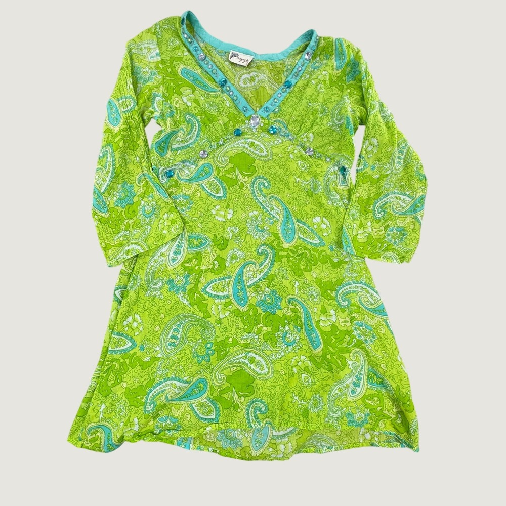 Magazine Women Lime Green Paisley Rhinestone V-Neck Tunic Top Size M Festival